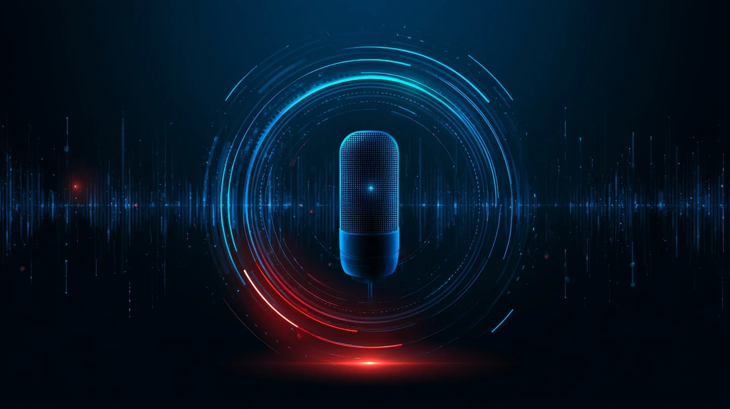 Microphone surrounded by a digital voice waveform
